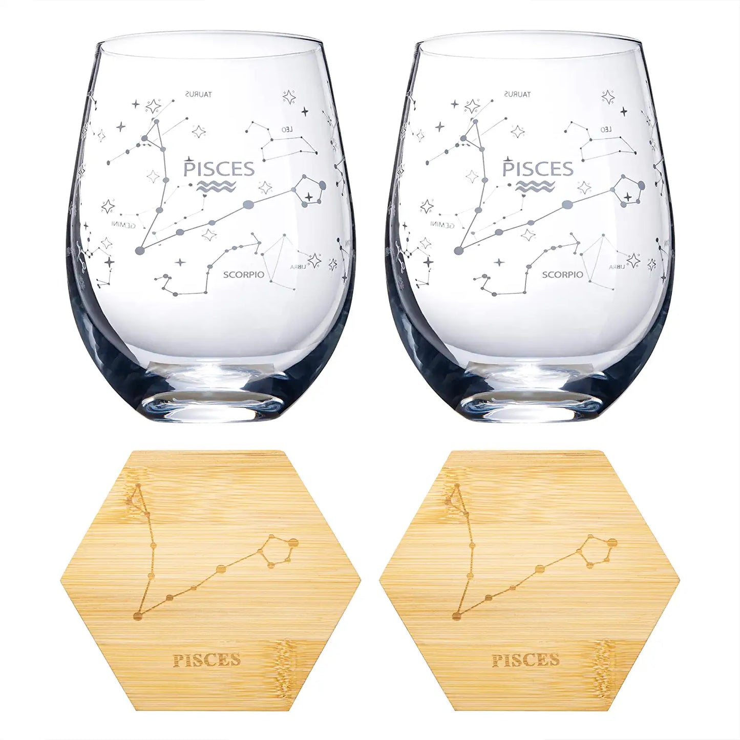 Set of 2 Pisces Zodiac Sign Wine Glasses with 2 Wooden Coasters