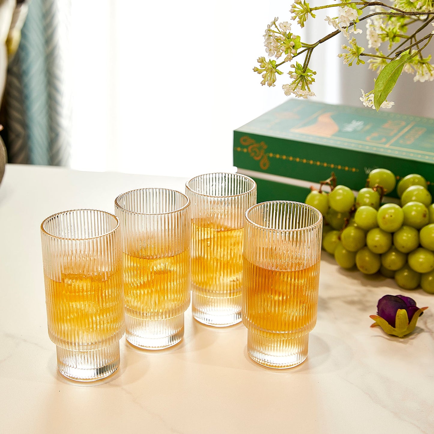 Vintage Ripple Art Deco Crystal Highball Glass 14 oz Set of 4