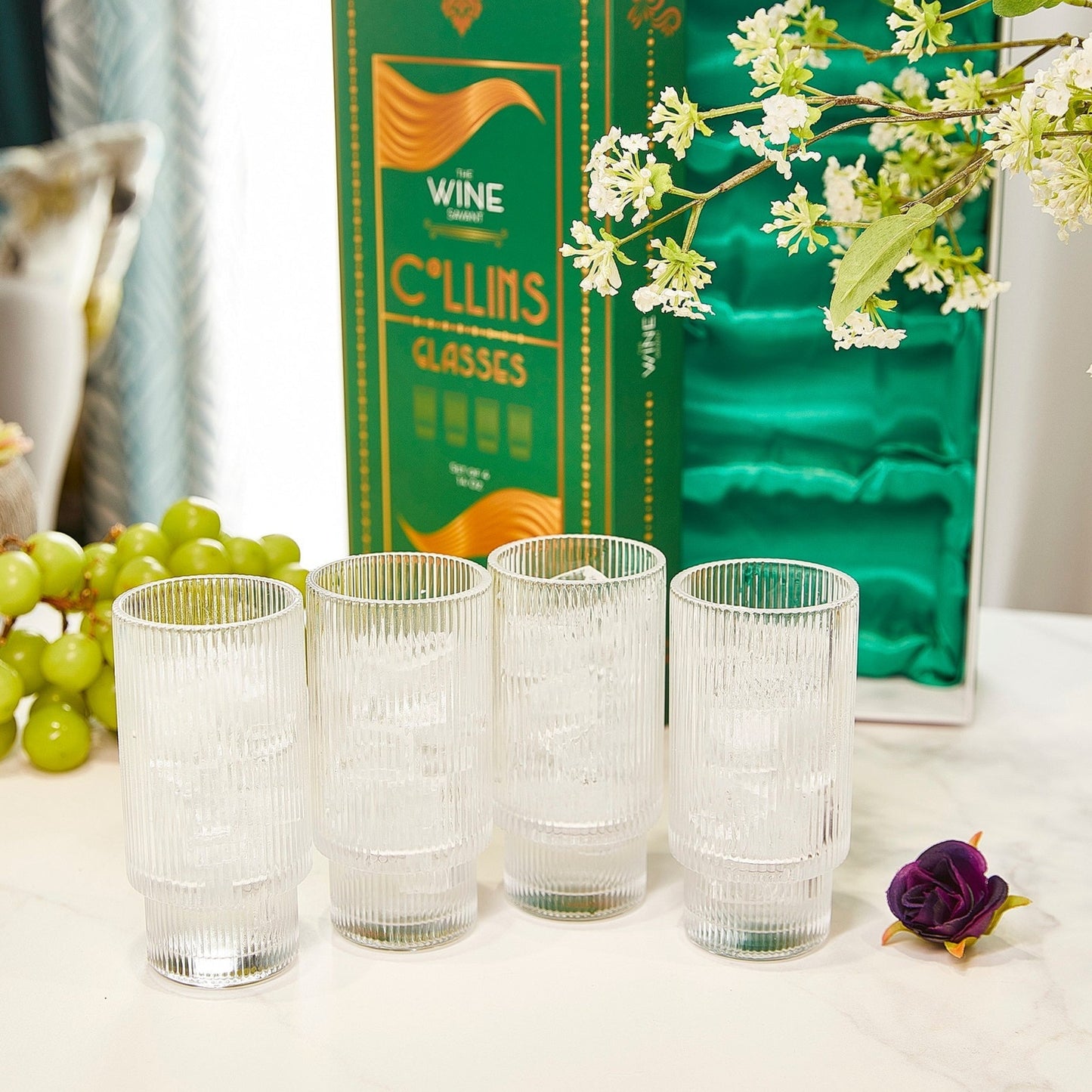 Vintage Ripple Art Deco Crystal Highball Glass 14 oz Set of 4