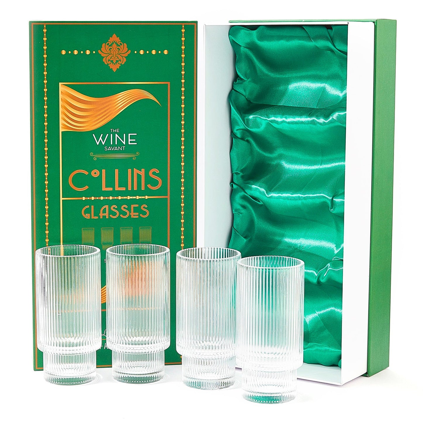 Vintage Ripple Art Deco Crystal Highball Glass 14 oz Set of 4