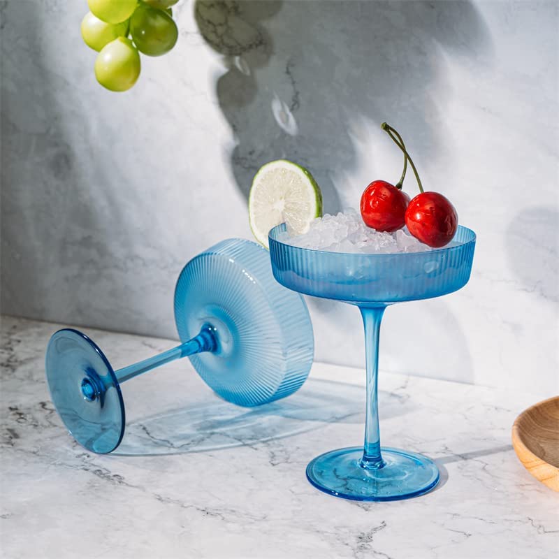 Ripple Cocktail Coupe Colored Glasses 8 oz Set of 2 (Cobalt Blue)