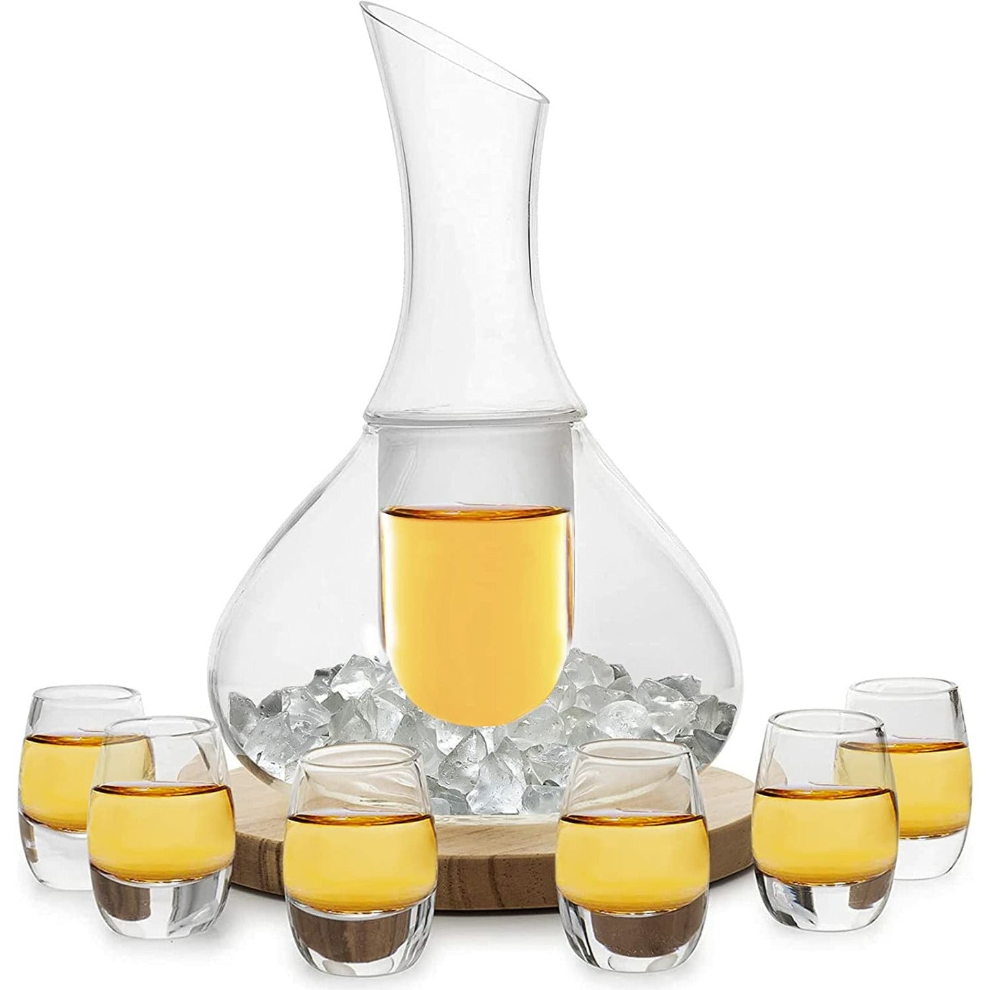 Carafe Set With 6 8.5 oz Glasses For Warm or Cold Drinks with a Wooden Coaster