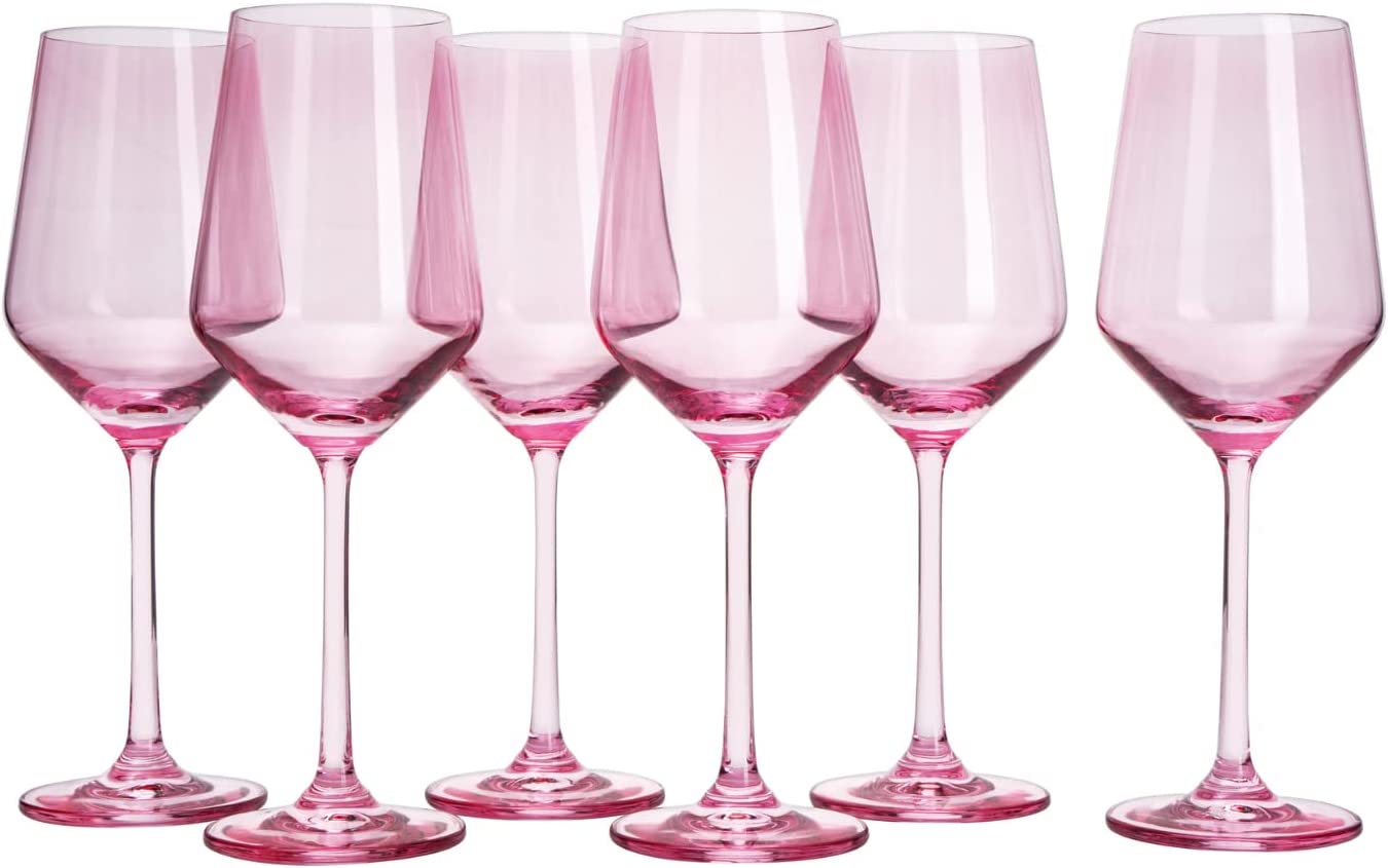 Hand Blown Italian Style Crystal Bordeaux Pink Wine Glasses 12 oz Set of 6