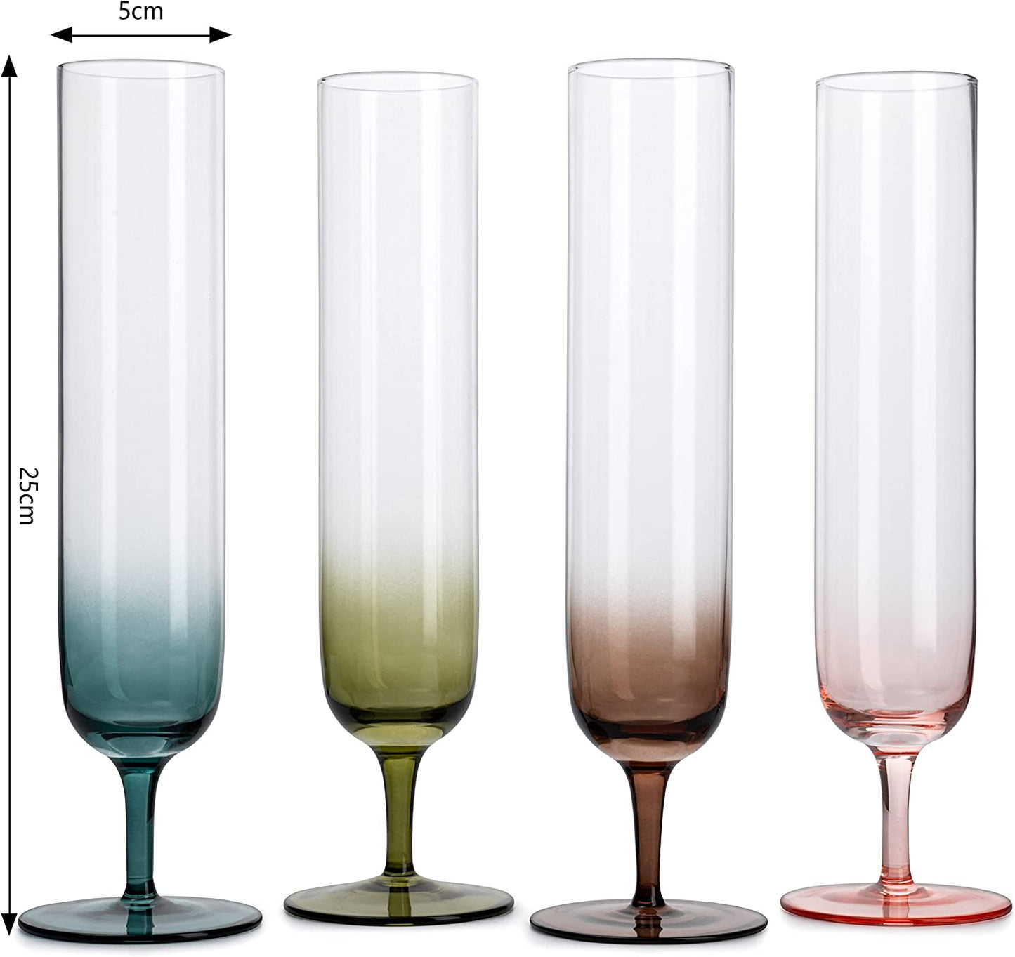 Beautiful Colored Champagne Flutes 10" Stemmed Set Of 4