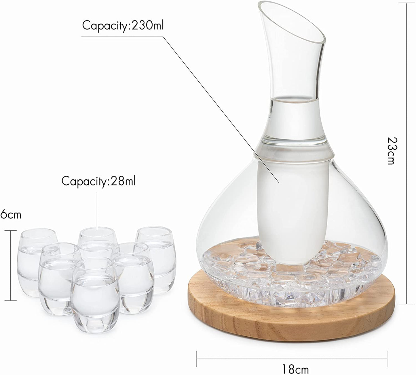 Carafe Set With 6 8.5 oz Glasses For Warm or Cold Drinks with a Wooden Coaster