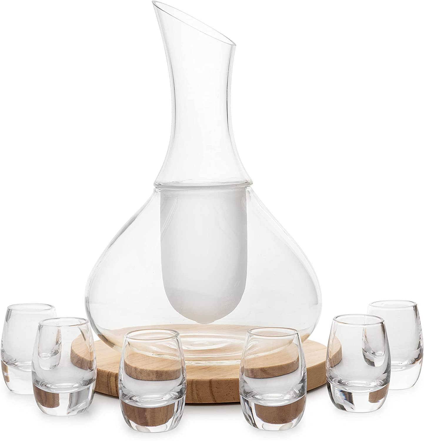 Carafe Set With 6 8.5 oz Glasses For Warm or Cold Drinks with a Wooden Coaster
