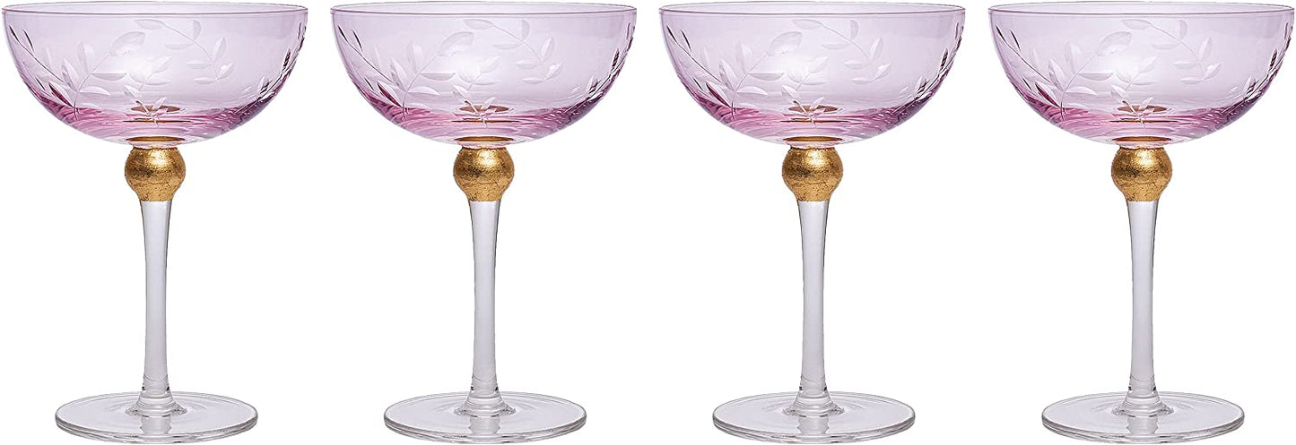 Pallo Tinted Pink Glass Crystal Champagne Saucers 9 oz Set of 4