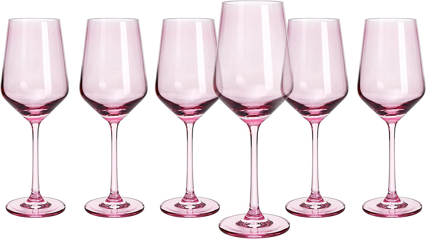 Hand Blown Italian Style Crystal Bordeaux Pink Wine Glasses 12 oz Set of 6
