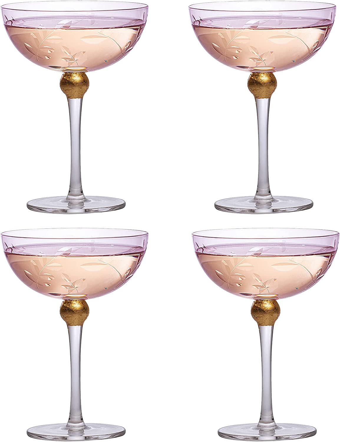 Pallo Tinted Pink Glass Crystal Champagne Saucers 9 oz Set of 4