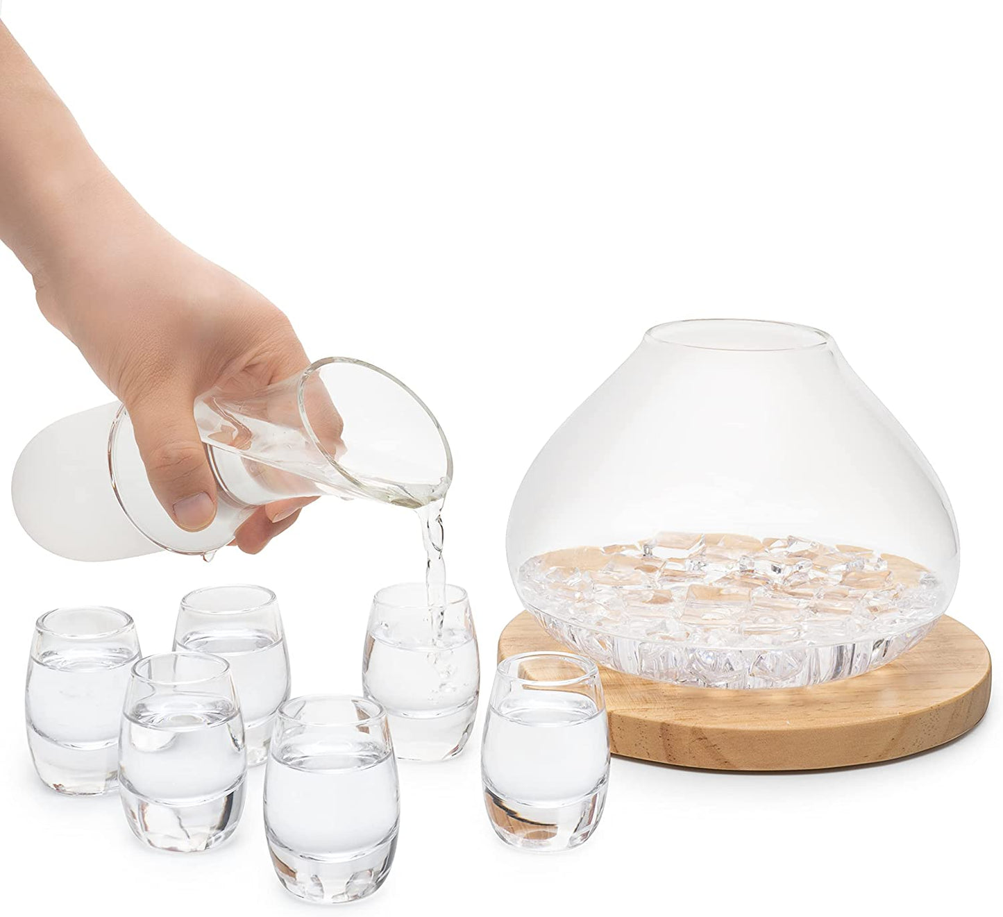Carafe Set With 6 8.5 oz Glasses For Warm or Cold Drinks with a Wooden Coaster