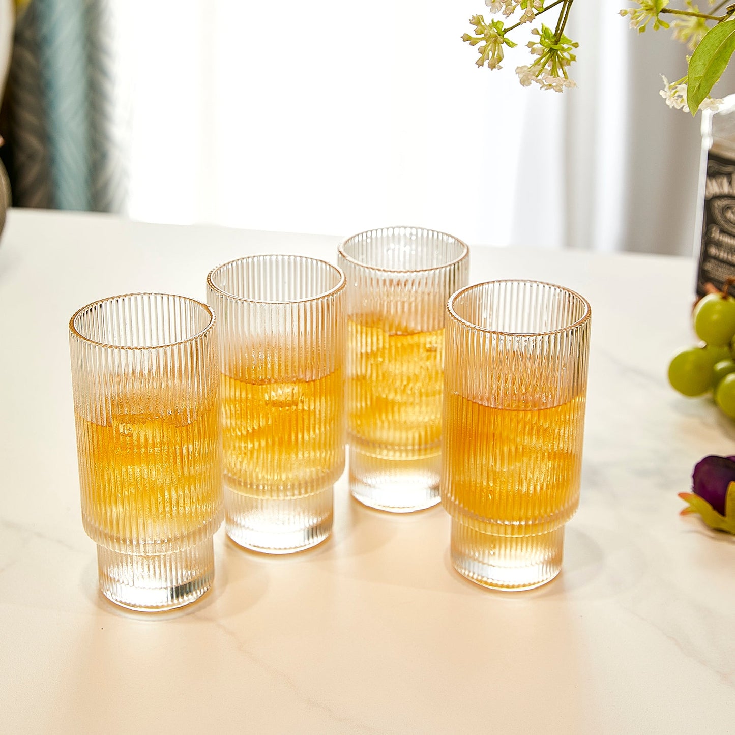 Vintage Ripple Art Deco Crystal Highball Glass 14 oz Set of 4