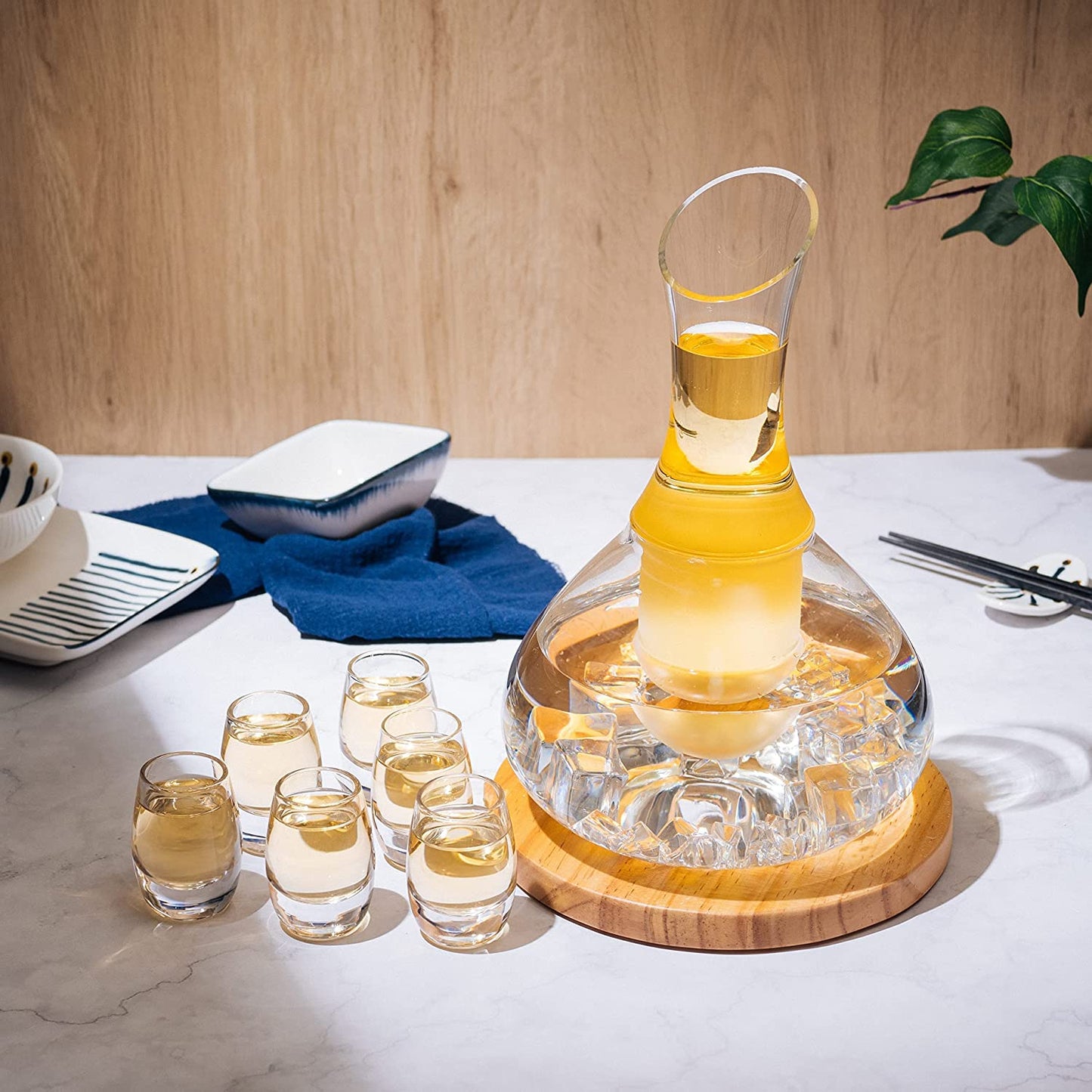 Carafe Set With 6 8.5 oz Glasses For Warm or Cold Drinks with a Wooden Coaster