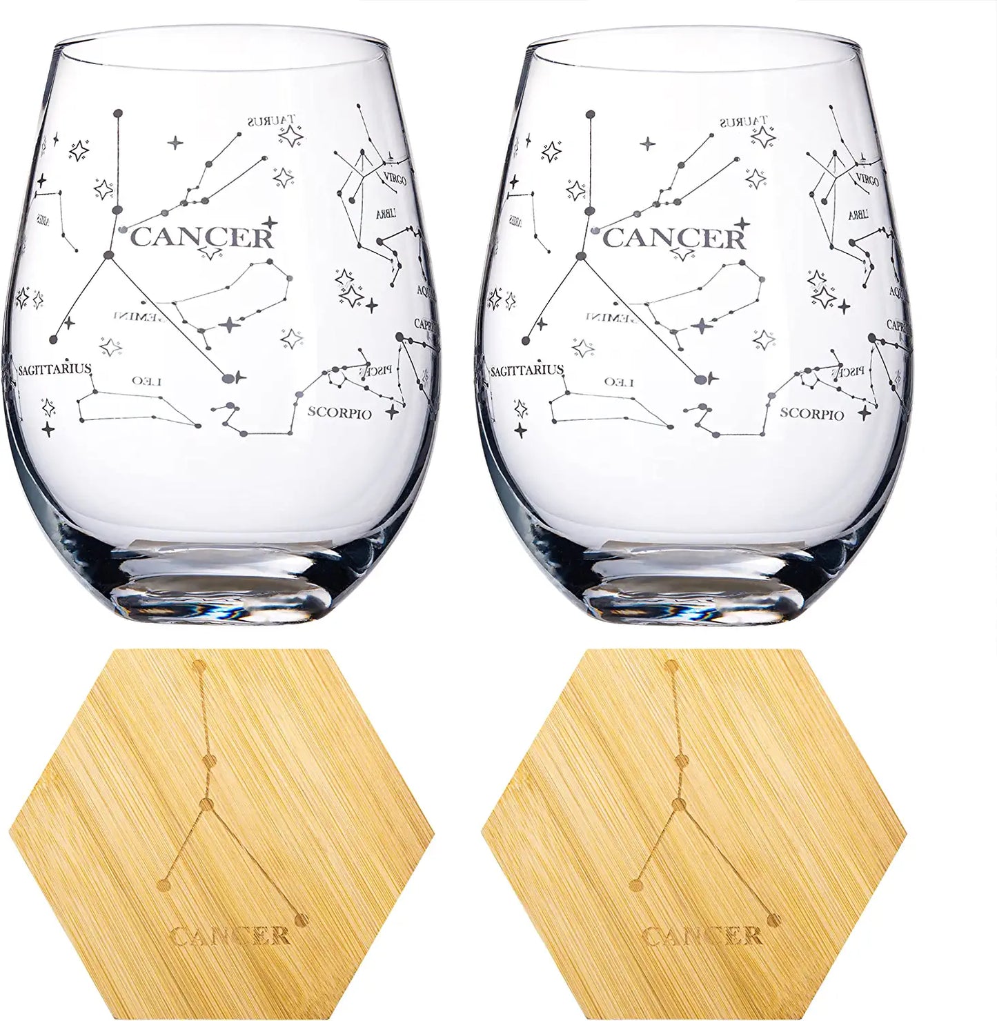Set of 2 Cancer Zodiac Sign Wine Glasses with 2 Wooden Coasters