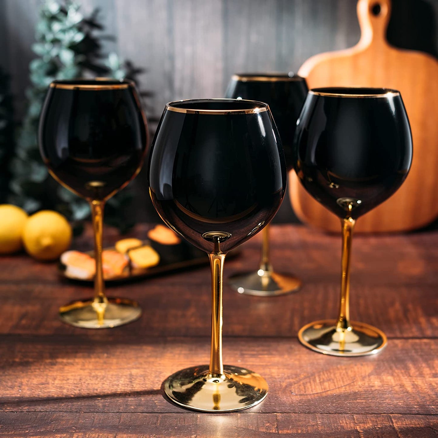 Black Wine Glasses Gold Stemmed & Gold Rim 14 oz Set of 4