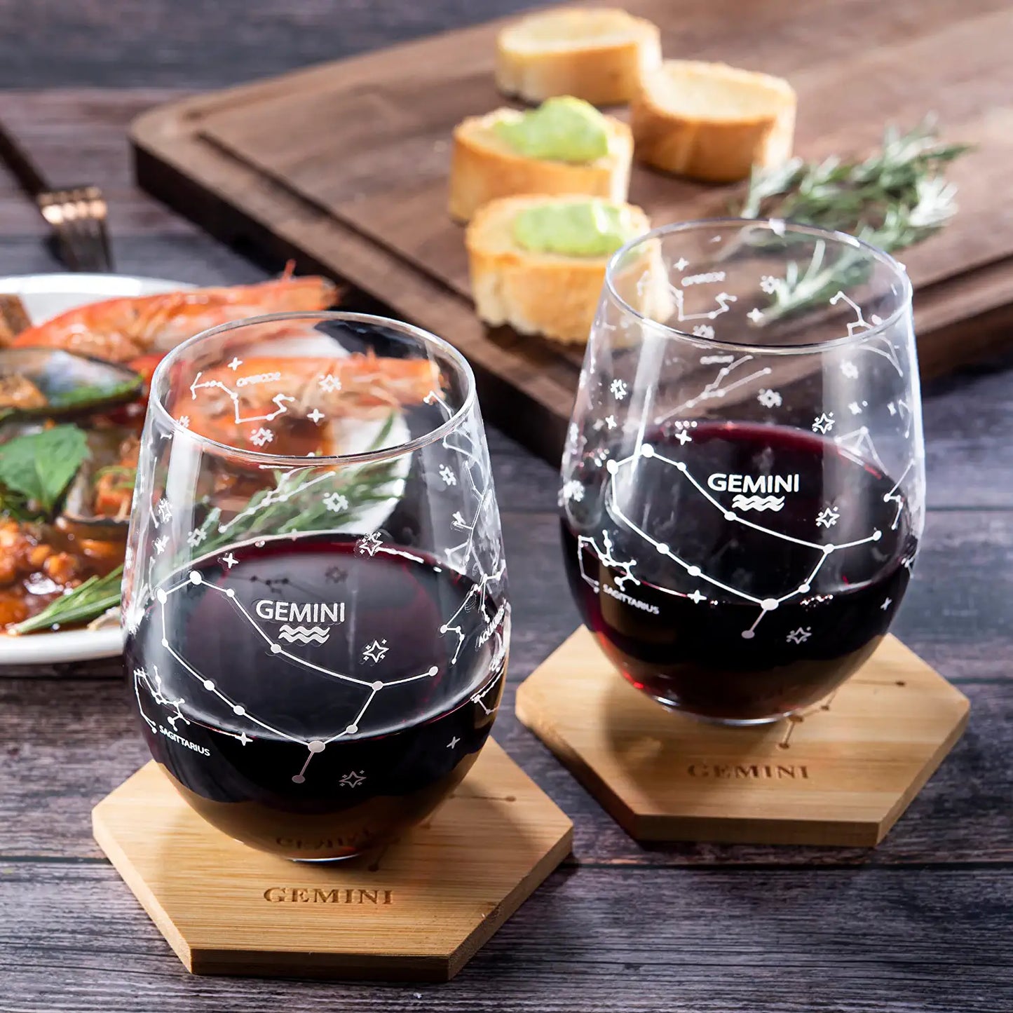 Set of 2 Gemini Zodiac Sign Wine Glasses with 2 Wooden Coasters