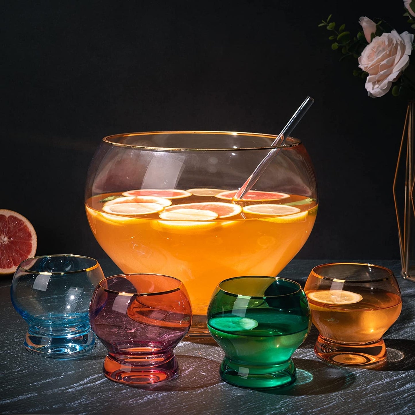 Gold Rim 3 Gallon Punch Bowl & 4 Gold Rim 10 oz Glasses With Ladle