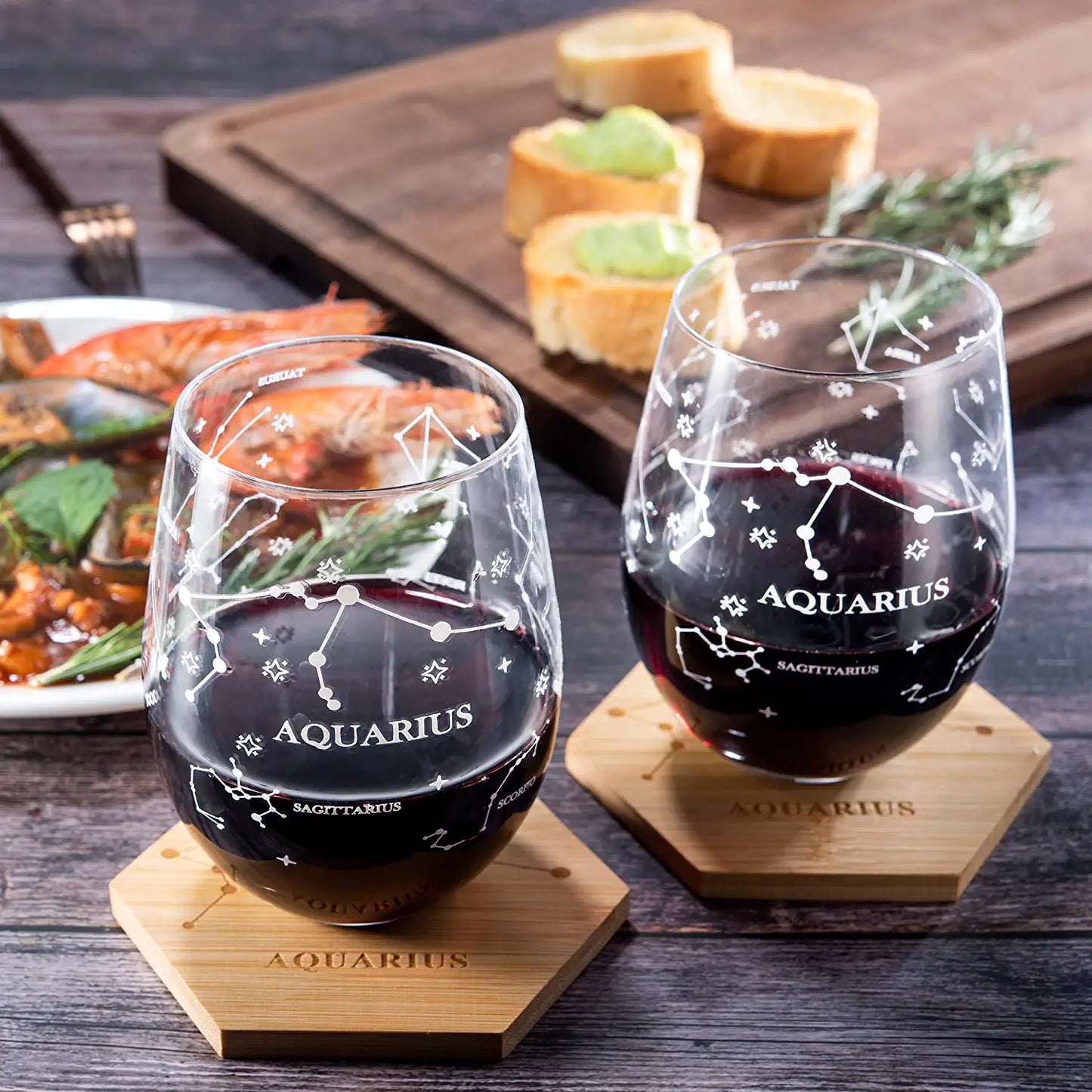 Set of 2 Aquarius Zodiac Sign Wine Glasses with 2 Wooden Coasters