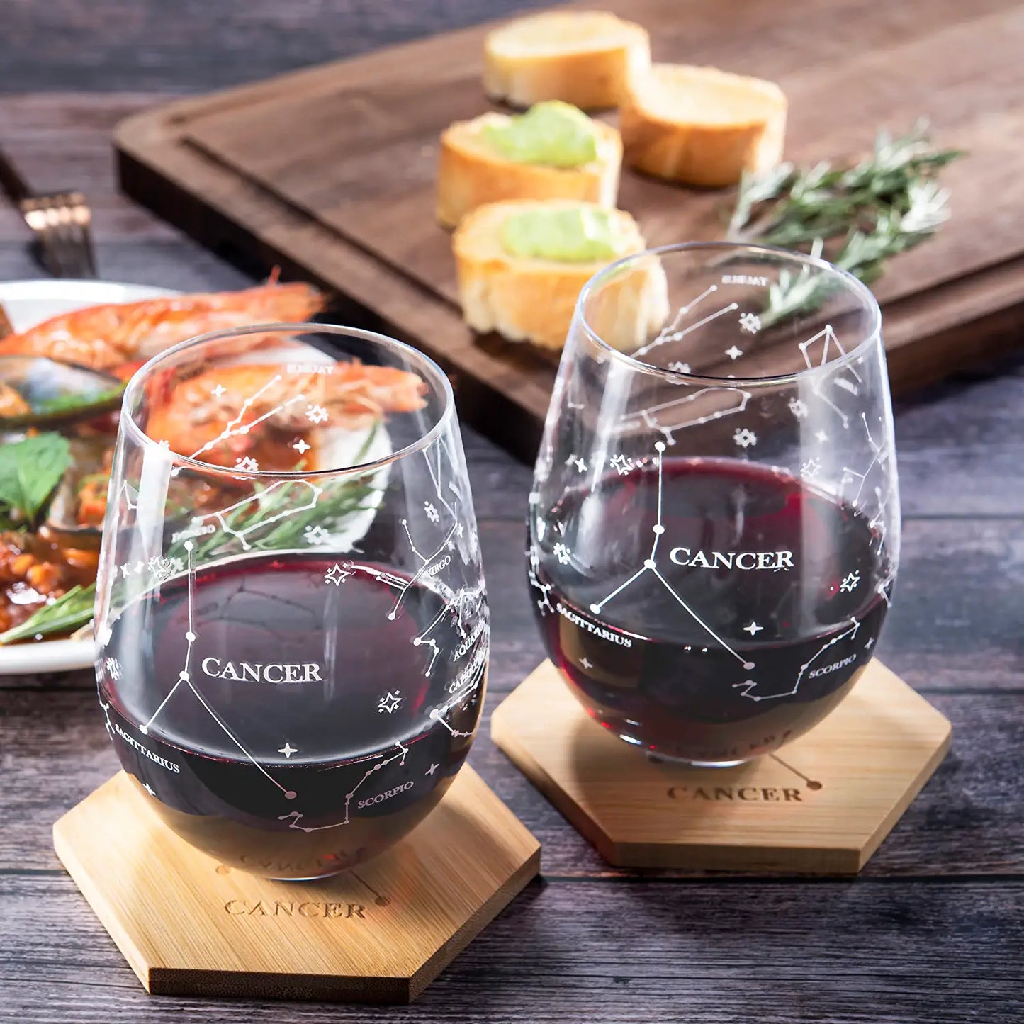 Set of 2 Cancer Zodiac Sign Wine Glasses with 2 Wooden Coasters