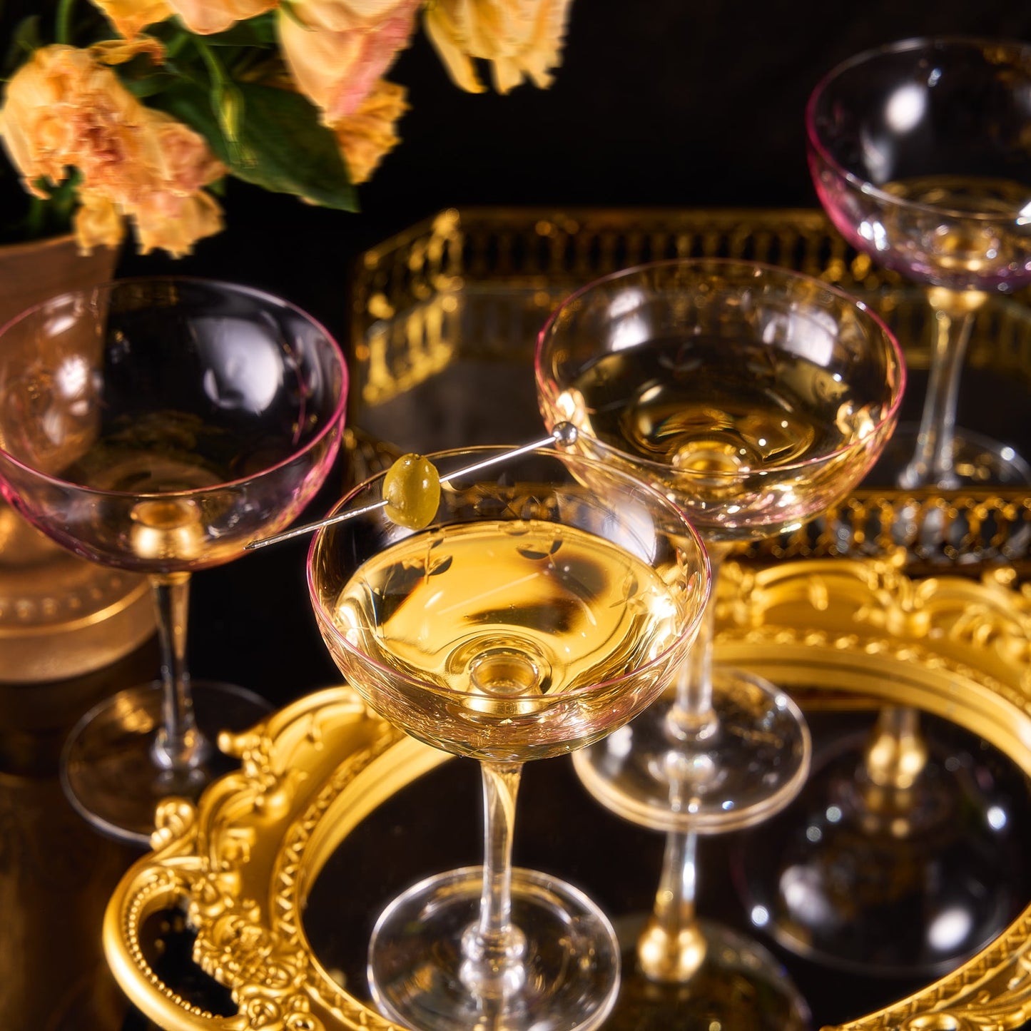 Pallo Tinted Pink Glass Crystal Champagne Saucers 9 oz Set of 4