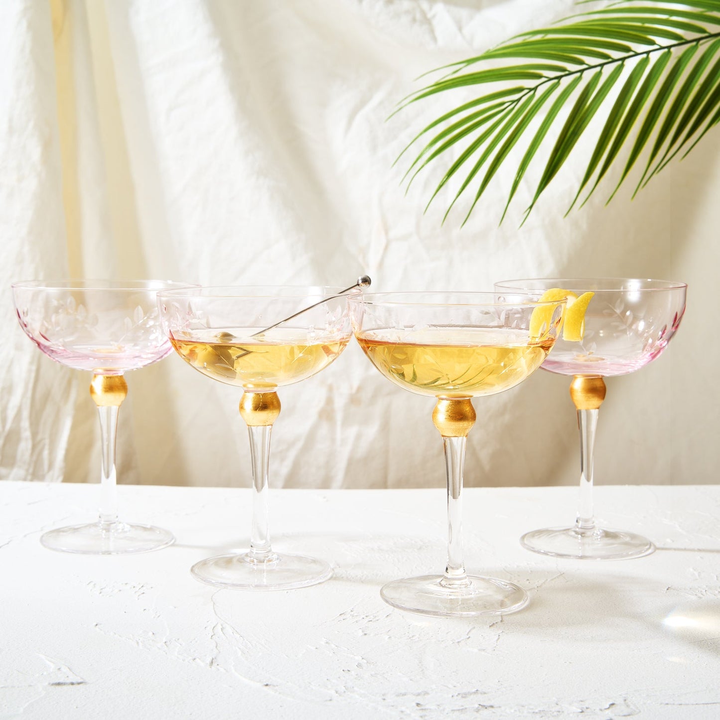 Pallo Tinted Pink Glass Crystal Champagne Saucers 9 oz Set of 4