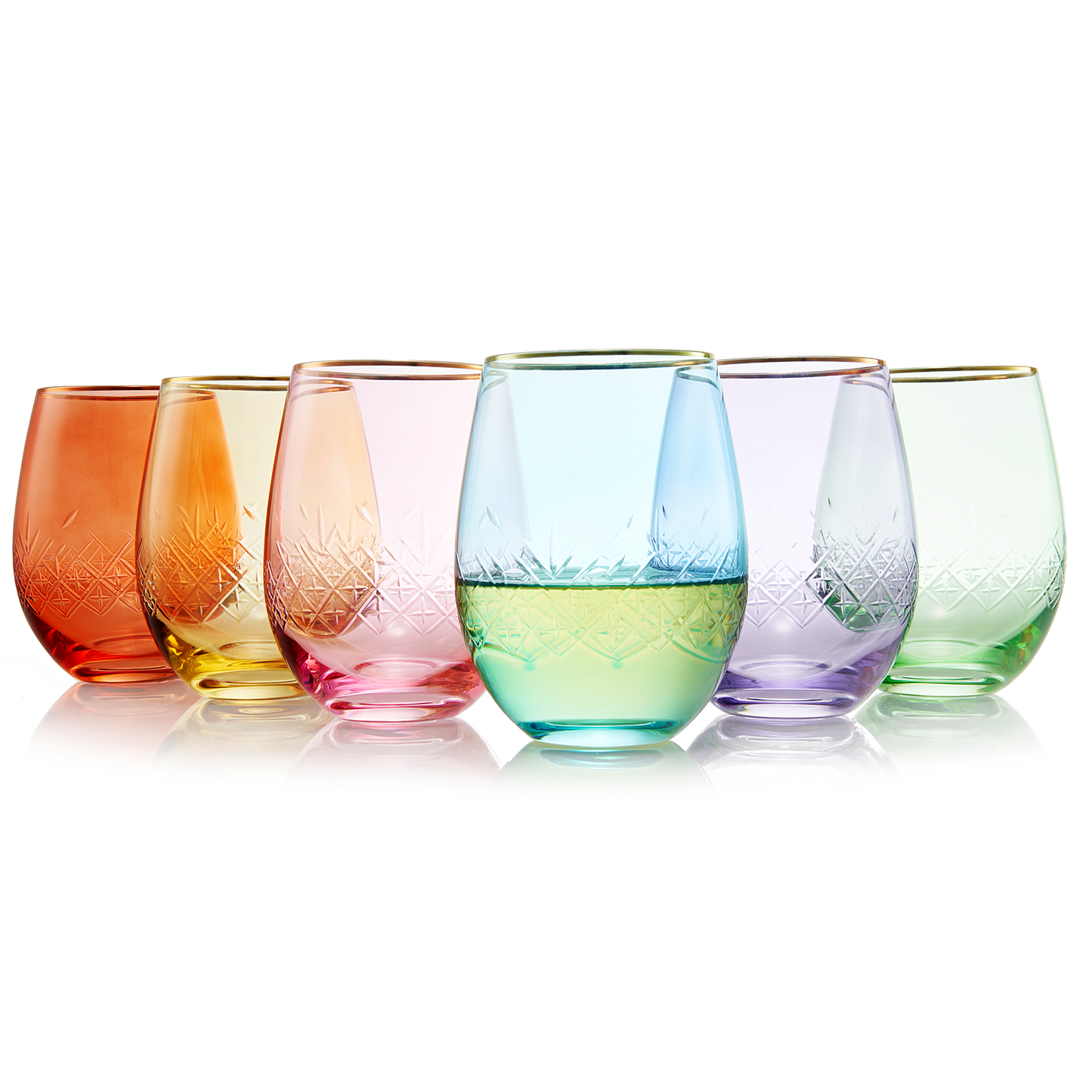 Hand Blown Art Deco Colored Crystal Stemless Wine Glass 15 oz Set of 6