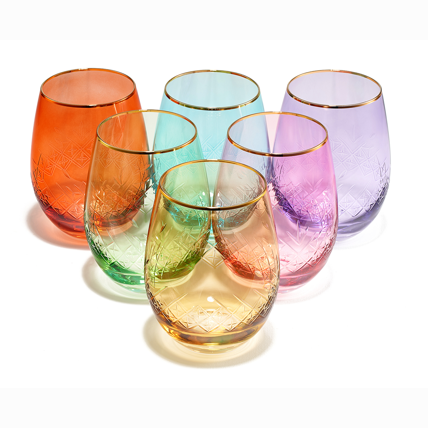 Hand Blown Art Deco Colored Crystal Stemless Wine Glass 15 oz Set of 6