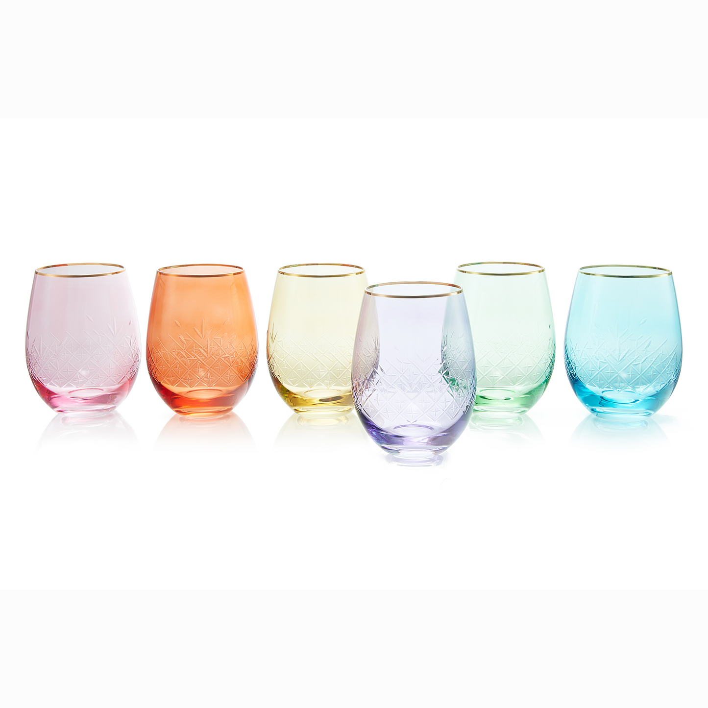 Hand Blown Art Deco Colored Crystal Stemless Wine Glass 15 oz Set of 6