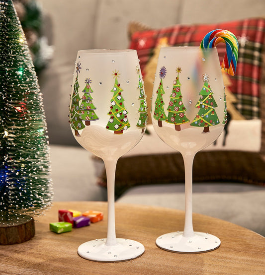 Hand Painted Stemmed Christmas Tree Design Wine Glasses -Set of 2 - 14 oz
