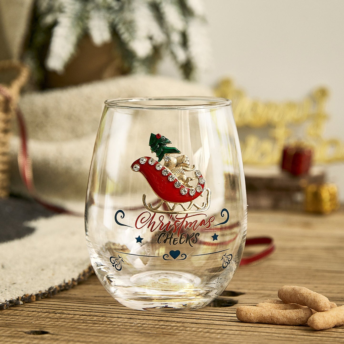 Christmas Santa's Sleigh Crystal Wine & Water Glasses Set of 2- 17.5oz