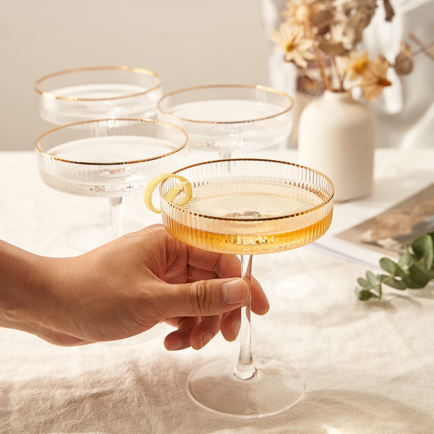 Ribbed Coupe Cocktail Glasses With Gold Rim- Set Of 4- 8 oz