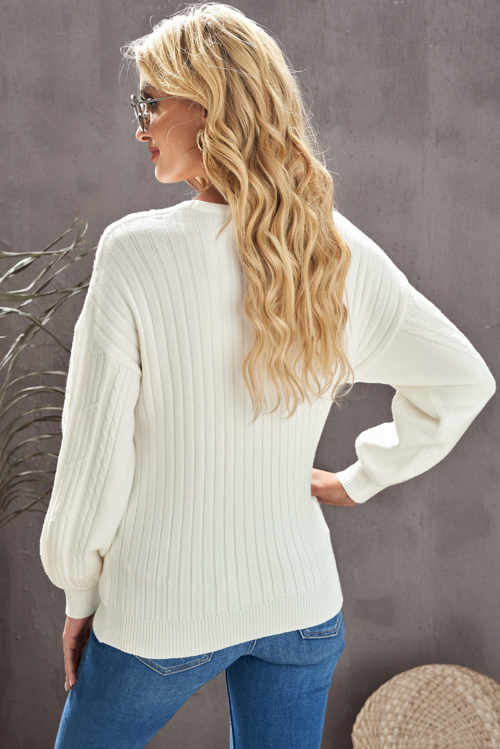 Beige Wrap V Neck Lantern Sleeve Textured Sweater by BYNES NEW YORK | Apparel & Accessories