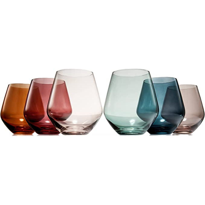 Colored Stemless Crystal Wine Glass Set of 6- 16 oz