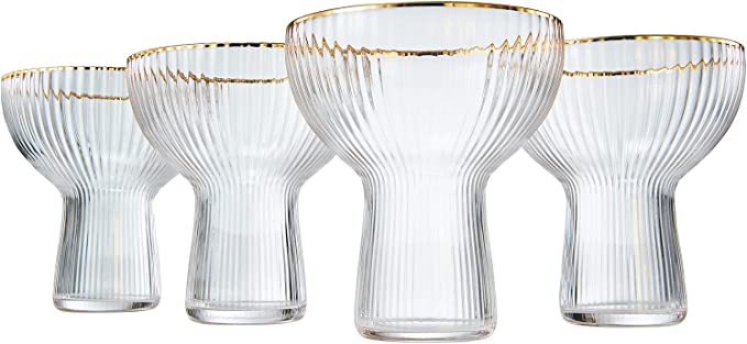 Ribbed Stemless Margarita Glasses with Gold Rim -Set of 4- 10 oz