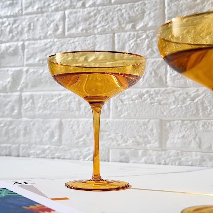 Sunset Yellow & Gilded Rim Coupe Glass Set of 2- 9oz