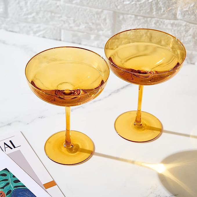 Sunset Yellow & Gilded Rim Coupe Glass Set of 2- 9oz