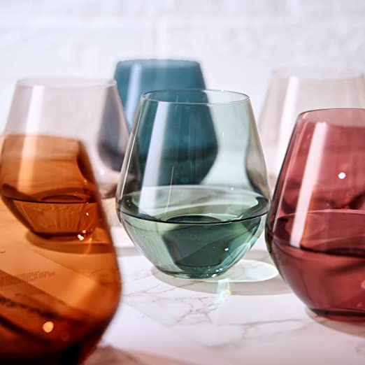 Colored Stemless Crystal Wine Glass Set of 6- 16 oz