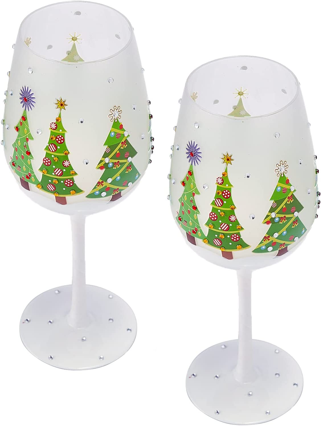 Hand Painted Stemmed Christmas Tree Design Wine Glasses -Set of 2 - 14 oz