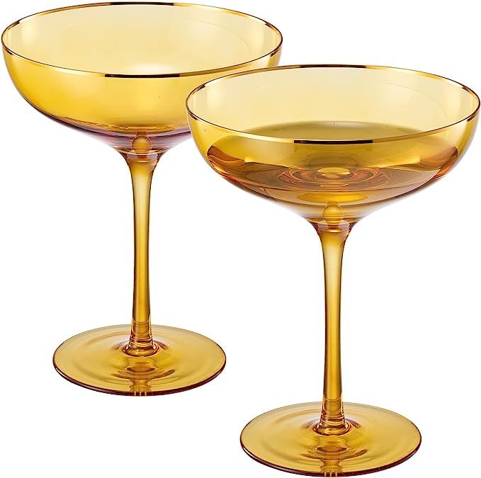 Sunset Yellow & Gilded Rim Coupe Glass Set of 2- 9oz