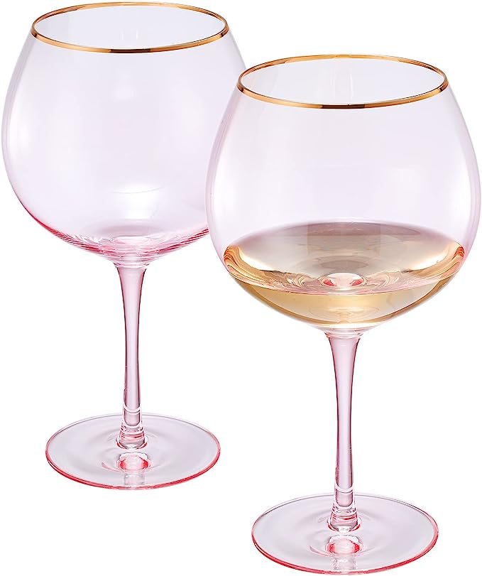 Colored Blush Pink & Gilded Rim Wine Glasses Set of 2 -23oz