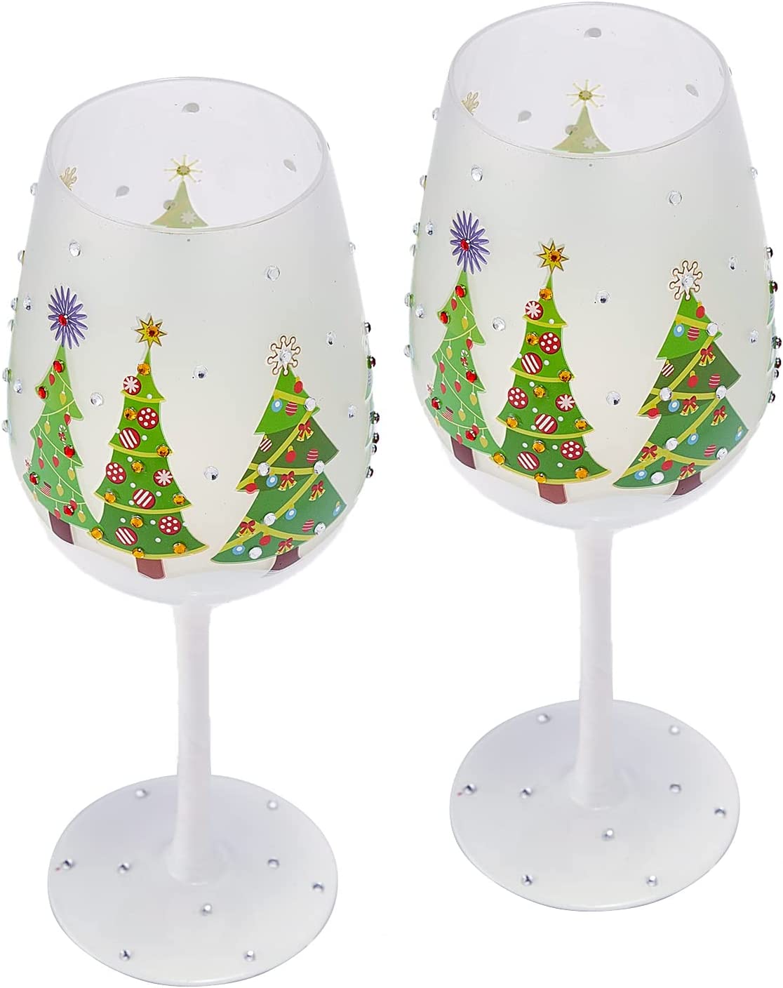 Hand Painted Stemmed Christmas Tree Design Wine Glasses -Set of 2 - 14 oz