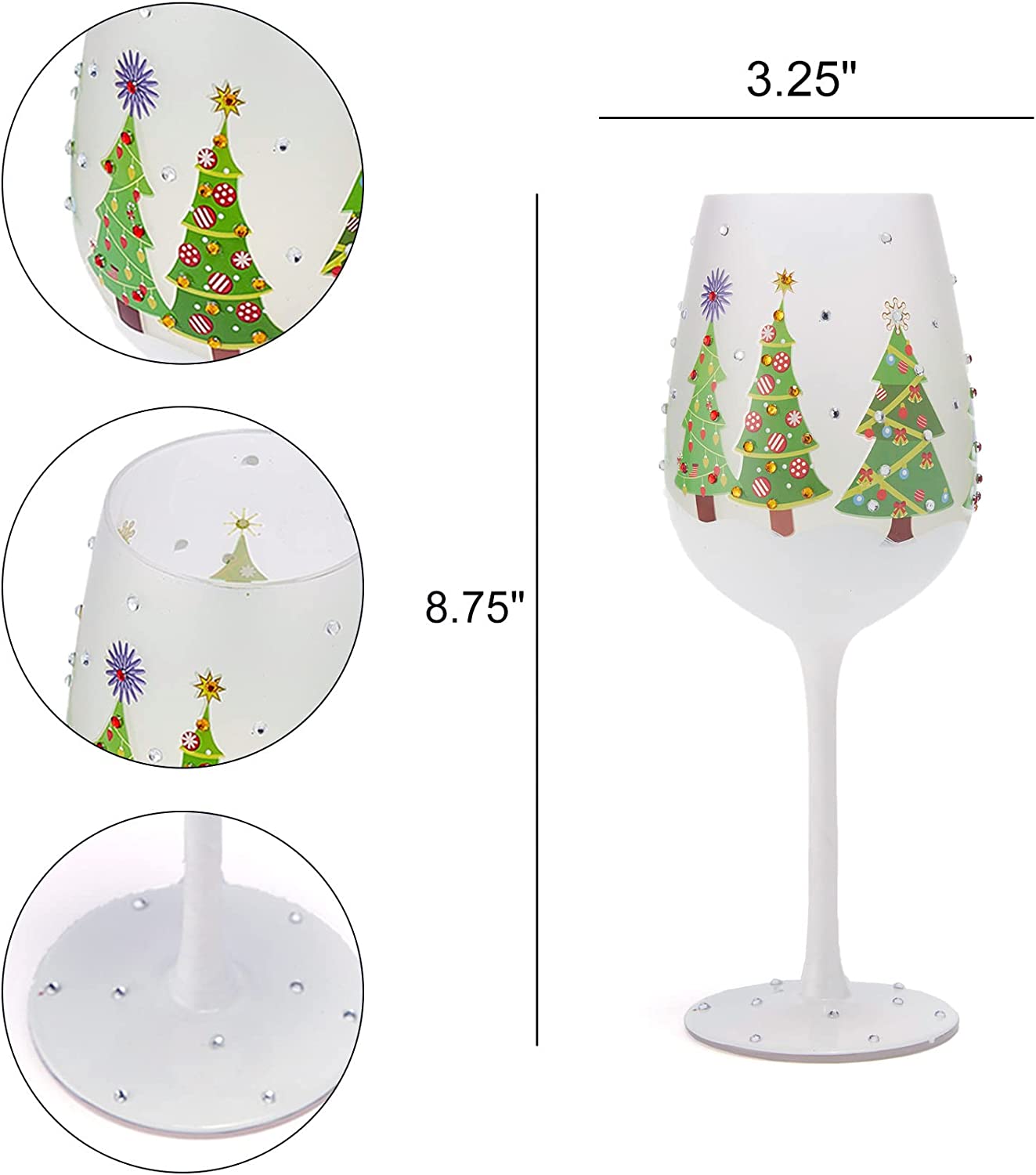 Hand Painted Stemmed Christmas Tree Design Wine Glasses -Set of 2 - 14 oz