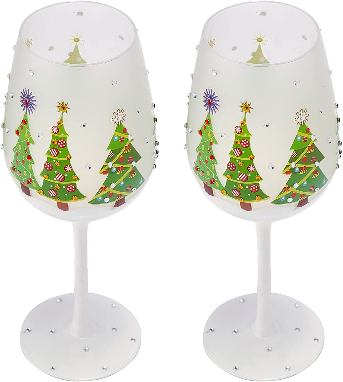 Hand Painted Stemmed Christmas Tree Design Wine Glasses -Set of 2 - 14 oz