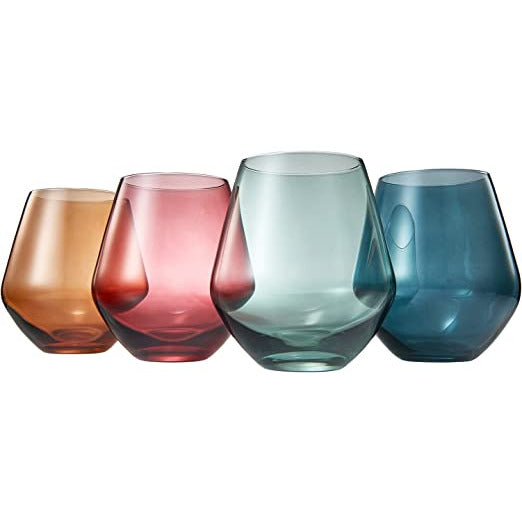 Colored Stemless Crystal Wine Glass Set of 4- 16 oz Glasses