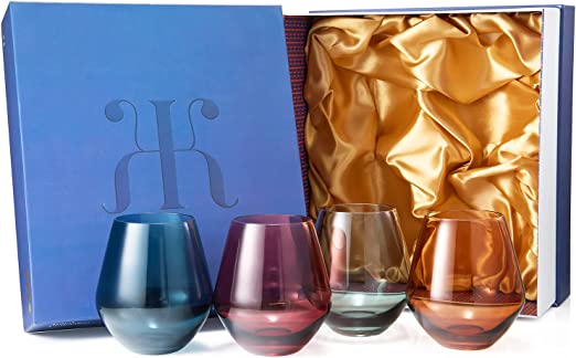 Colored Stemless Crystal Wine Glass Set of 4- 16 oz Glasses