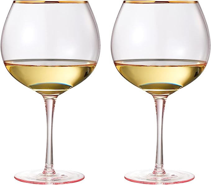 Colored Blush Pink & Gilded Rim Wine Glasses Set of 2 -23oz