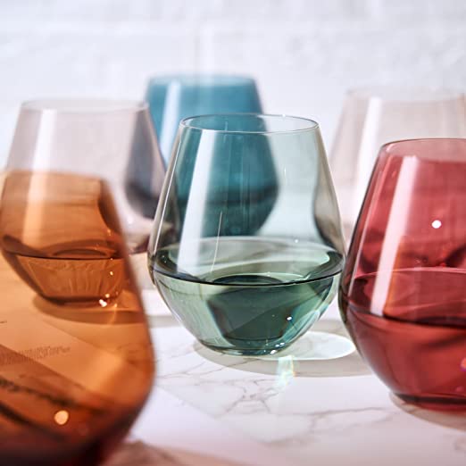 Colored Stemless Crystal Wine Glass Set of 4- 16 oz Glasses