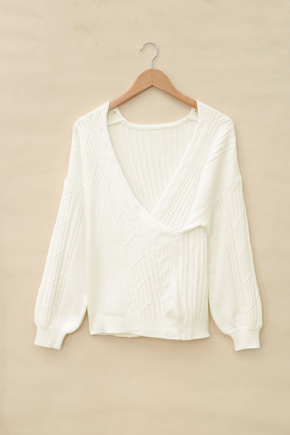 Beige Wrap V Neck Lantern Sleeve Textured Sweater by BYNES NEW YORK | Apparel & Accessories