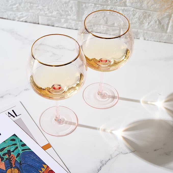 Colored Blush Pink & Gilded Rim Wine Glasses Set of 2 -23oz