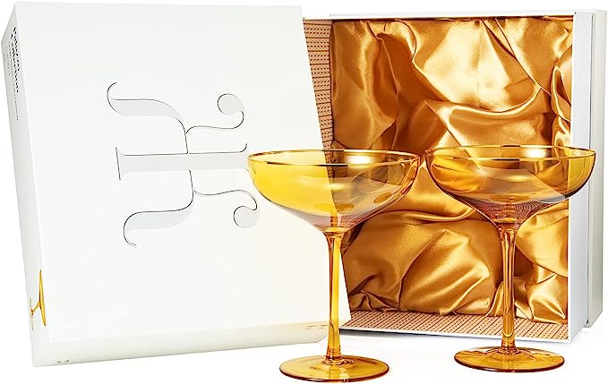 Sunset Yellow & Gilded Rim Coupe Glass Set of 2- 9oz