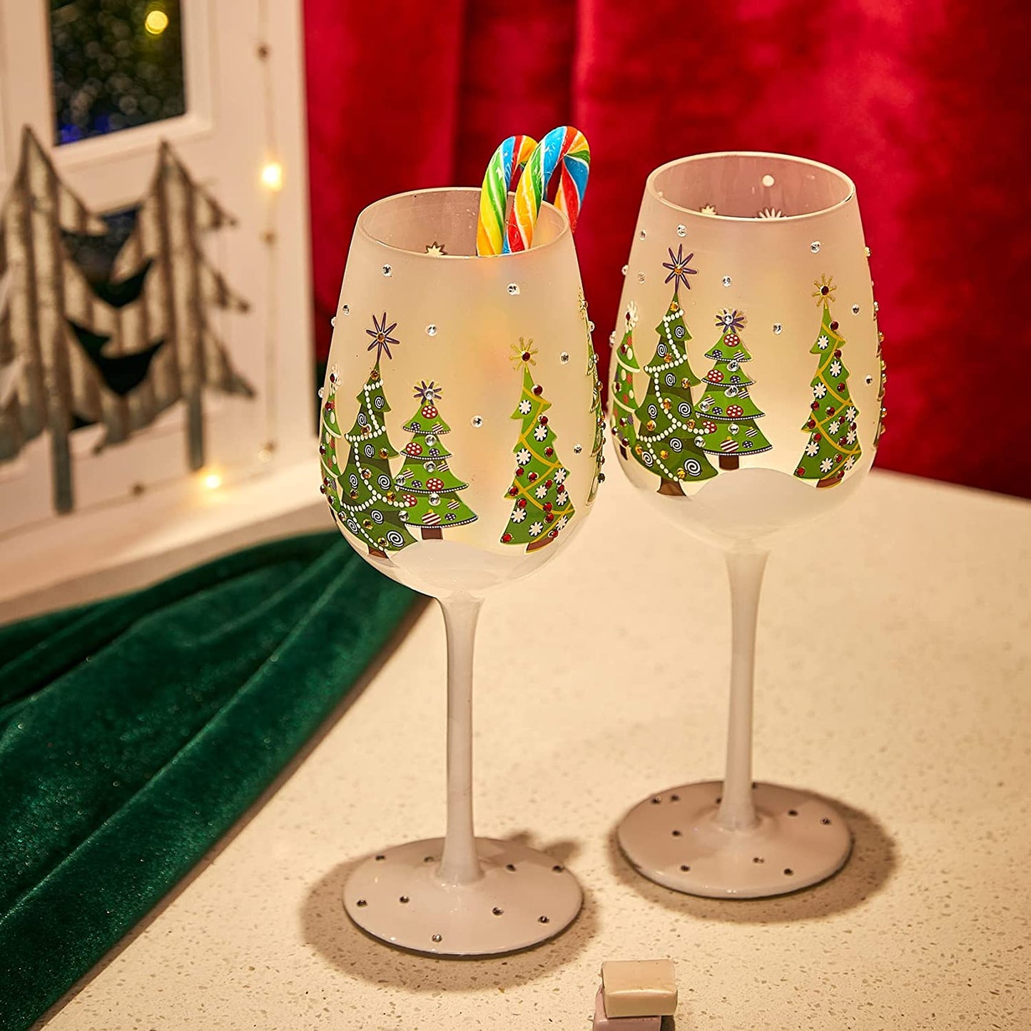 Hand Painted Stemmed Christmas Tree Design Wine Glasses -Set of 2 - 14 oz